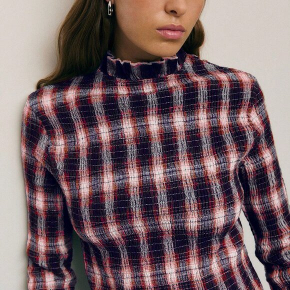 Red Casual Women's Plaid Corset Top with Mock Neckline and Ruffle Trim - Picture 6 of 8